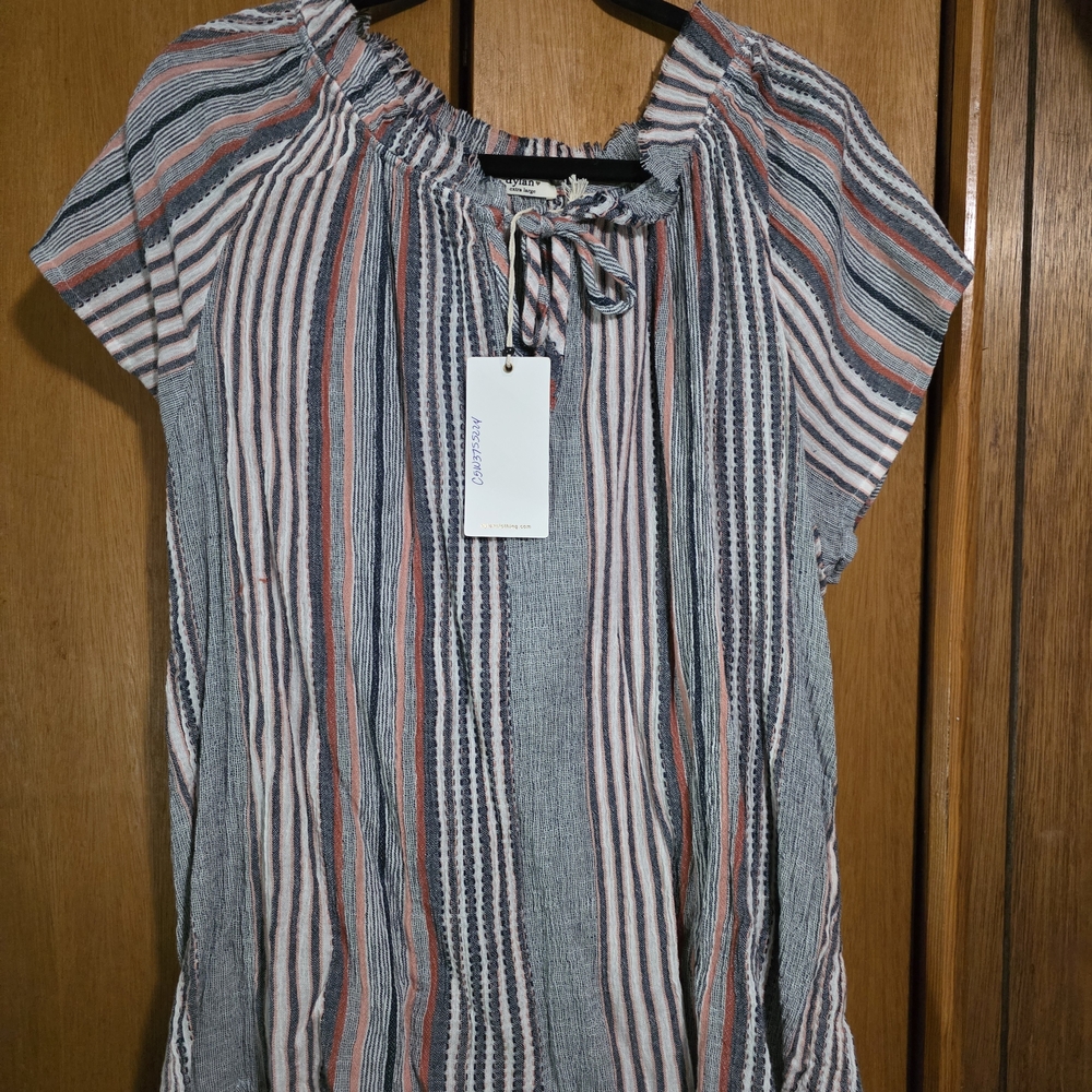 dylan Striped Tie-Neck Tunic in Gray, Pink & Coral